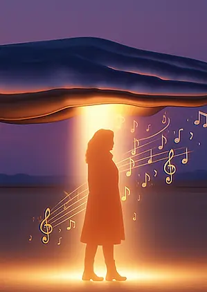 Illustration of a visitor in the beam of light under the hand, with music notes