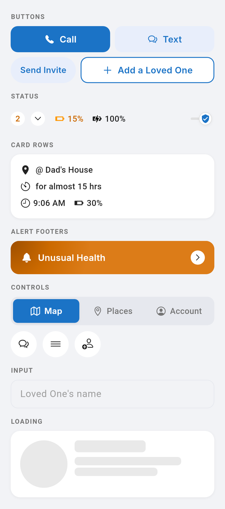 Looop design system components rendered from the app code: buttons, status indicators, card rows, and alert footers