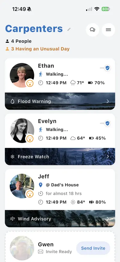 Looop on an unusual day, with weather alerts in the person card footers