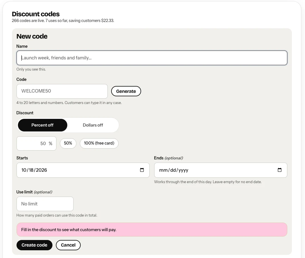 Admin: creating a discount code with percent or dollars off, dates, and a use limit