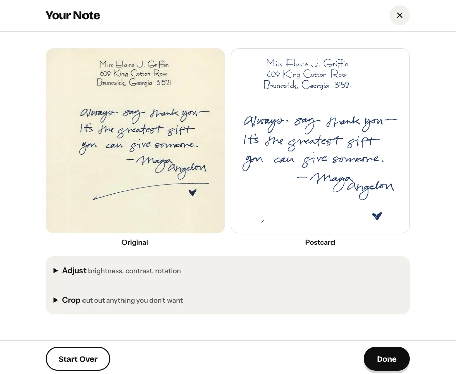 The original note next to the cleaned-up version
