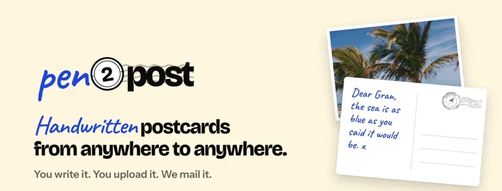 The pen2post cover banner: handwritten postcards from anywhere to anywhere