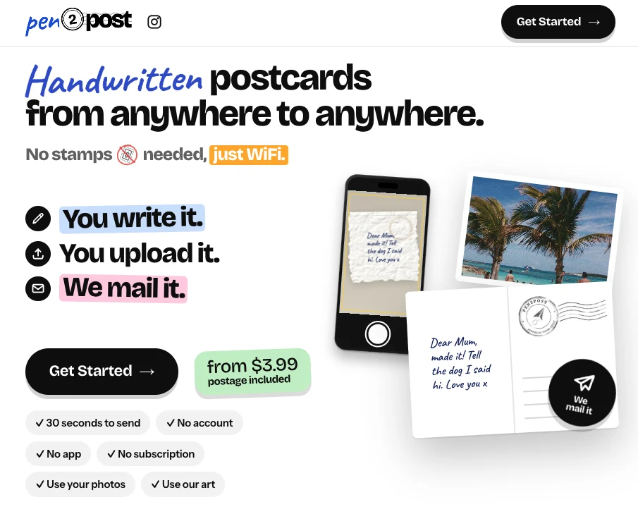 The pen2post home page: handwritten postcards from anywhere to anywhere