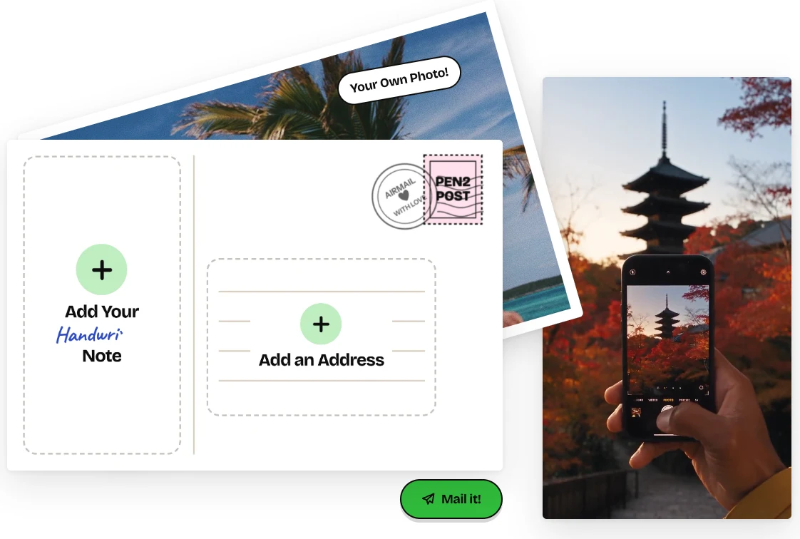 A blank postcard with Add Your Handwritten Note and Add an Address, beside a phone photographing a pagoda