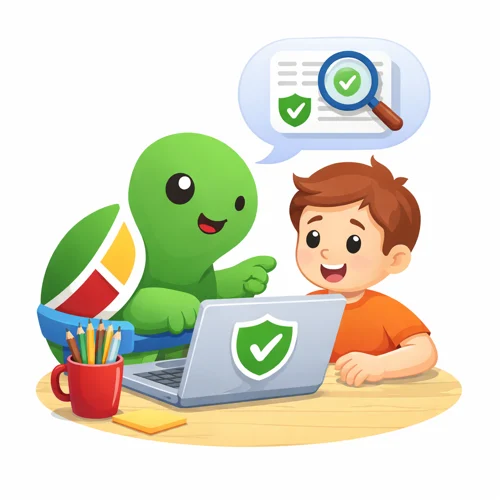 The turtle helping a child at a laptop