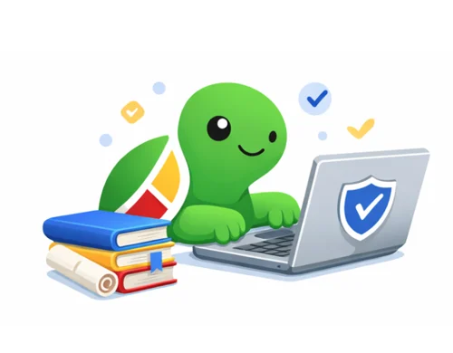 The turtle at a laptop with books